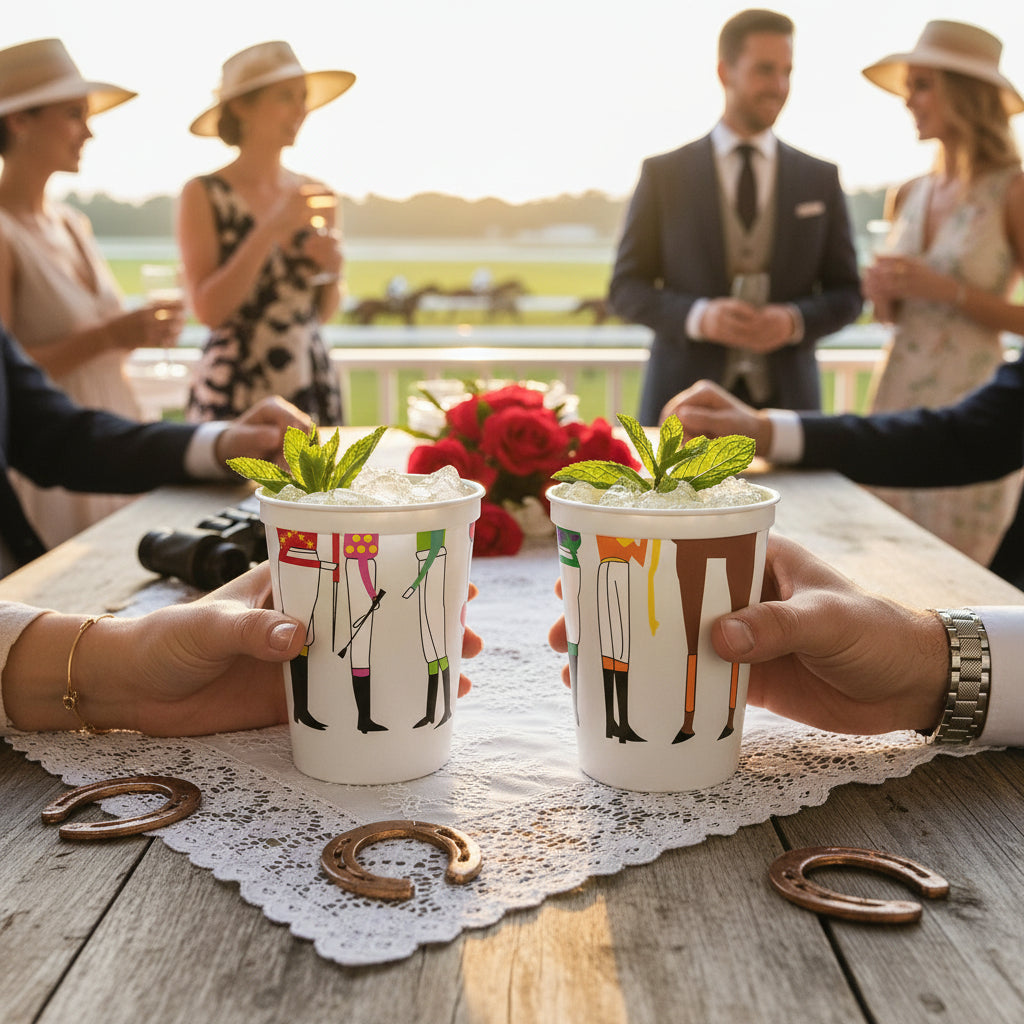 Two people holding white stadium cups featuring colorful illustrations of jockey legs and horse racing silks, on a wooden table, with a blurred background of people and flowers.