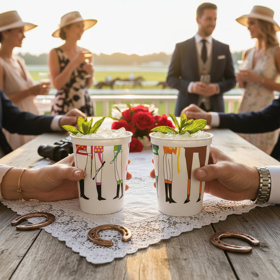 Two people holding white stadium cups featuring colorful illustrations of jockey legs and horse racing silks, on a wooden table, with a blurred background of people and flowers.