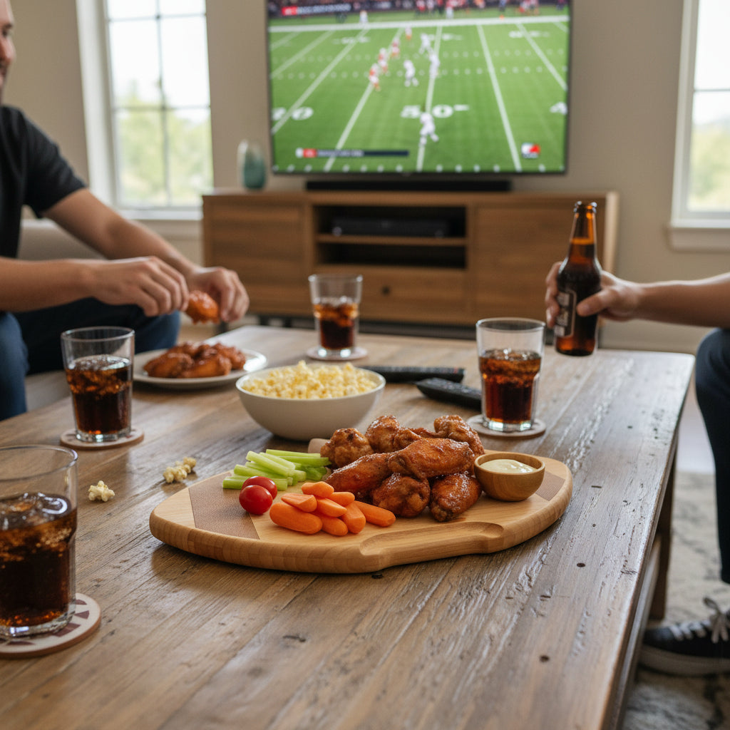 A festive game day spread on a coffee table featuring the football charcuterie board loaded with wings and veggies.