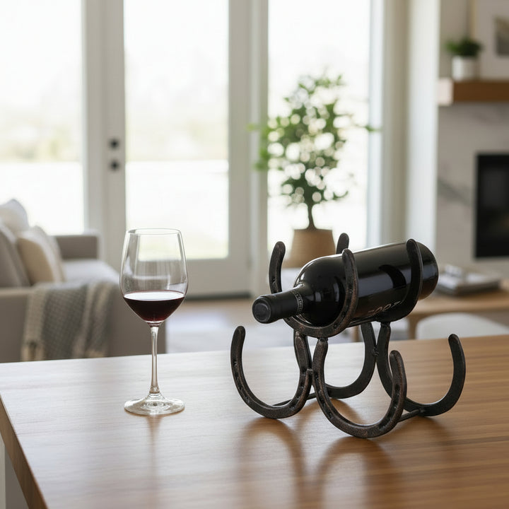 Wine bottle and glass on a wooden table with a horseshoe wine rack in a home setting.