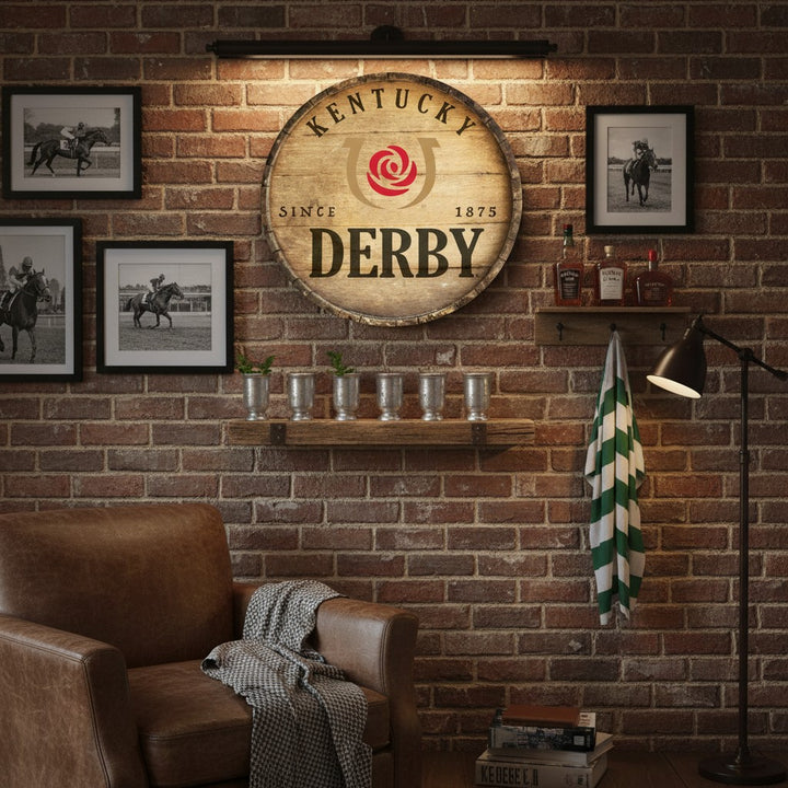 Brick wall with 'Kentucky Derby' barrel sign, brown leather chair, and framed pictures.