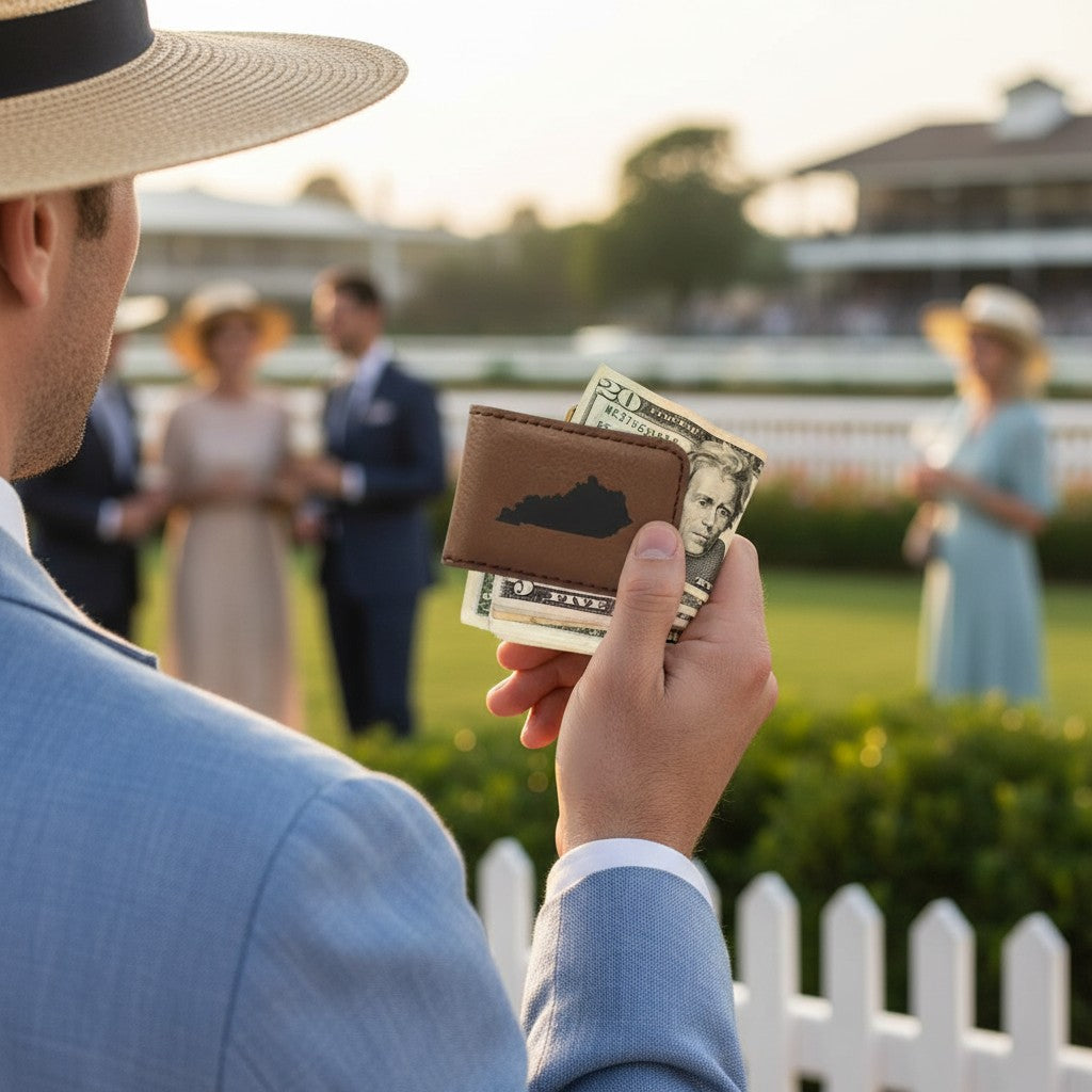 A man holding the Kentucky State Money Clip with cash, styled with a race day outfit.