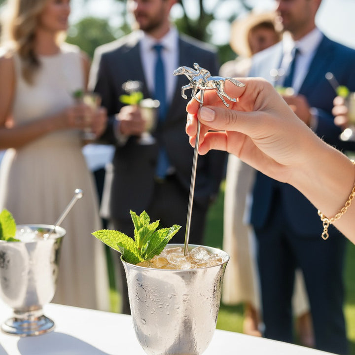 Person stirring a cocktail with a Metal cocktail stirrer featuring a racehorse and jockey design, at an outdoor event.