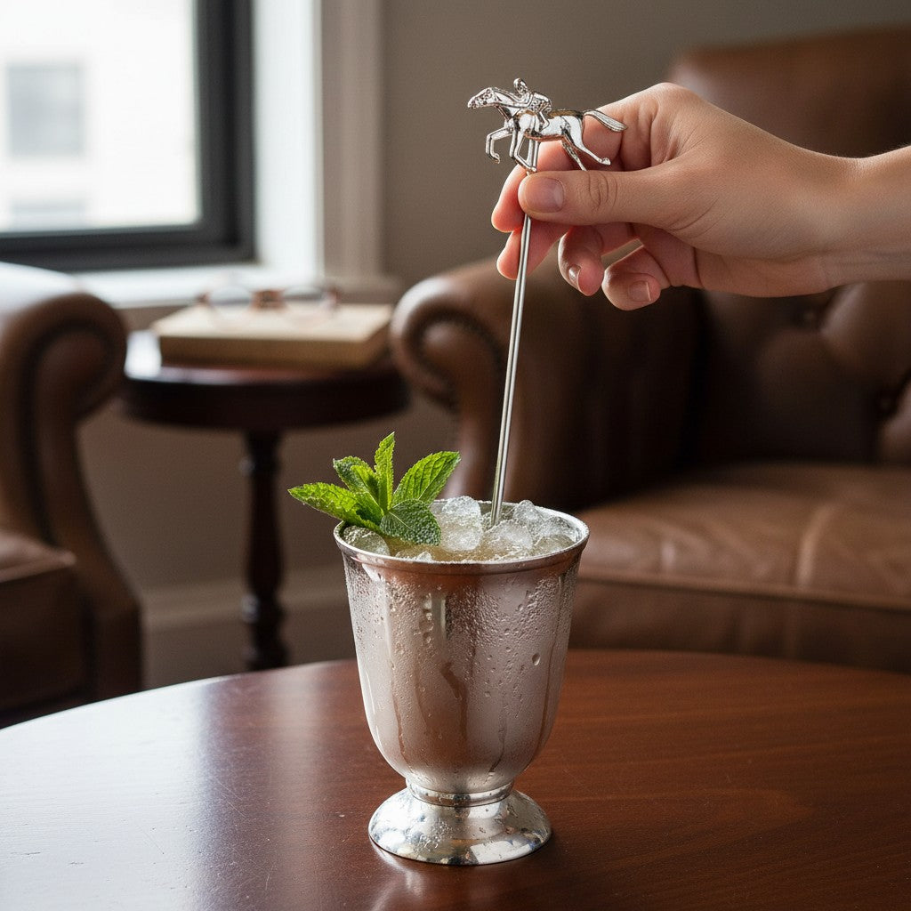 Hand stirring a cocktail with a stirrer in a silver glass on a wooden table.