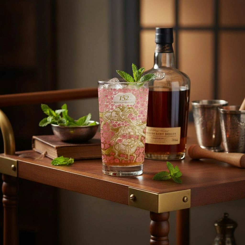 The 152nd Derby glass set arranged on a bar cart with a bottle of Kentucky bourbon.
