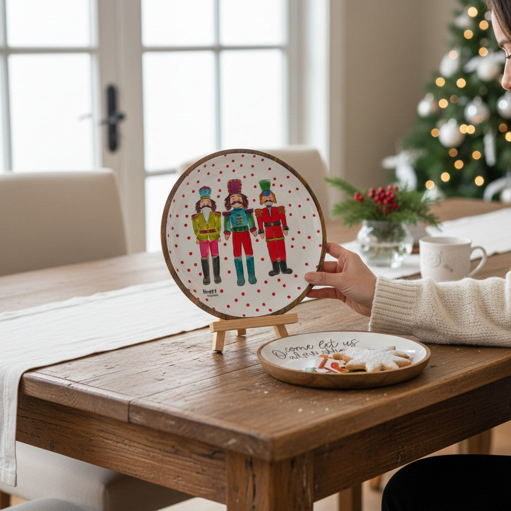 Person holding a decorative plate with Christmas-themed design on a wooden table.