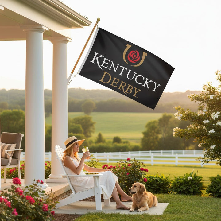 Woman sitting on a chair with a dog, enjoying a drink under a Kentucky Derby flag on a porch.