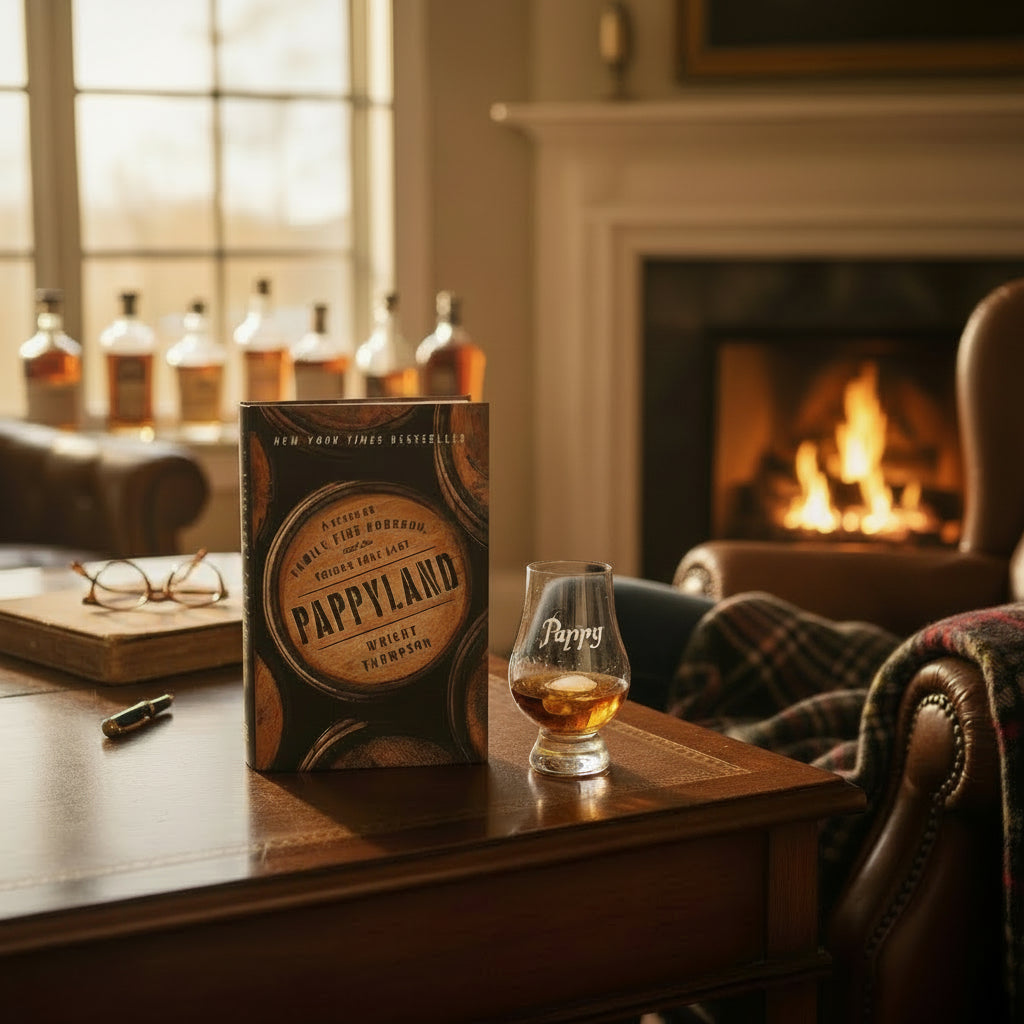 Pappy Land whiskey bottle and glass on a wooden table with a fireplace in the background