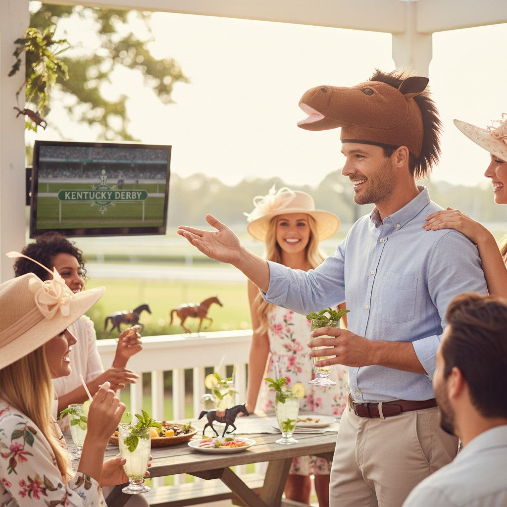 Man wearing a horse head costume at a Kentucky Derby party with friends on a deck.