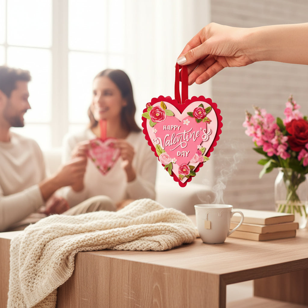 Heart-shaped Valentine's Day card being held by a hand with a couple in the background and a table with a mug and flowers.