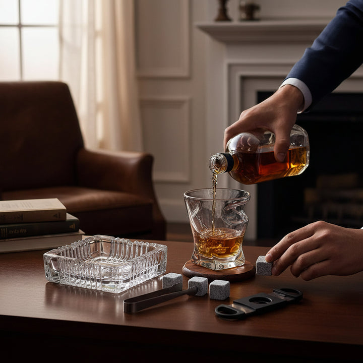 Person pouring whiskey into a glass on a wooden table with a cozy living room background.
