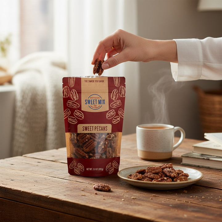 A cozy lifestyle scene with a bag of Sweet Pecans next to a steaming mug on a wooden table.