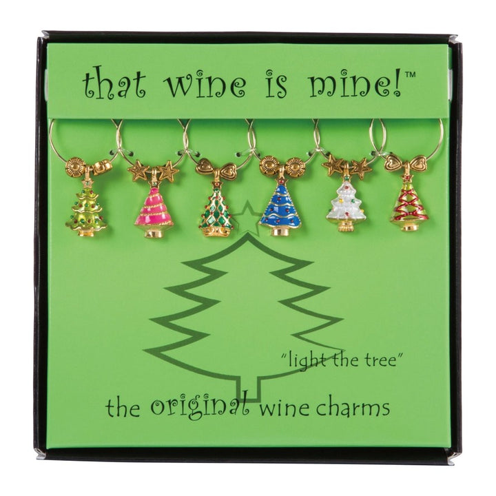 The boxed set of 6 Light the Tree wine charms featuring assorted colorful Christmas tree designs against a white background.