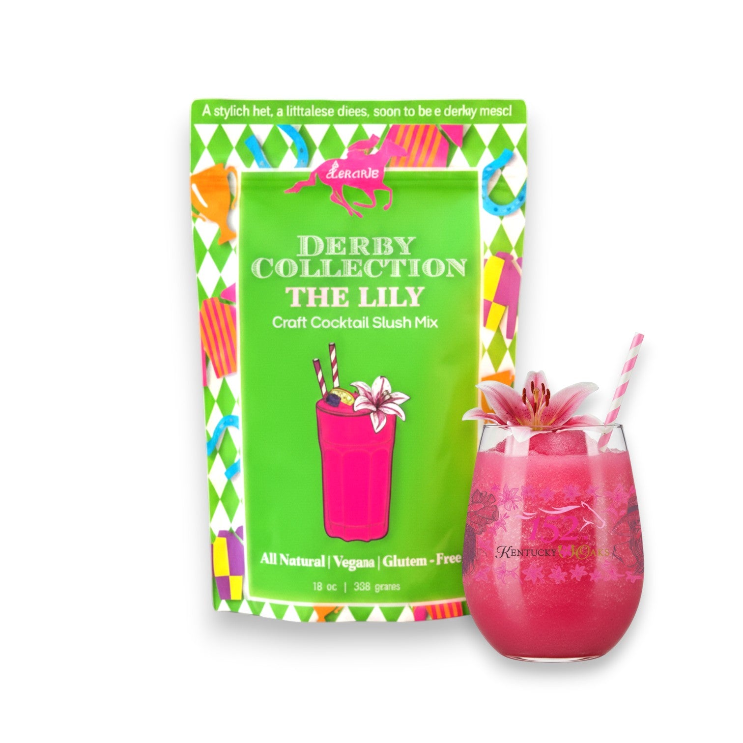 Derby Collection The Lily craft cocktail slush mix package with a pink slushy.