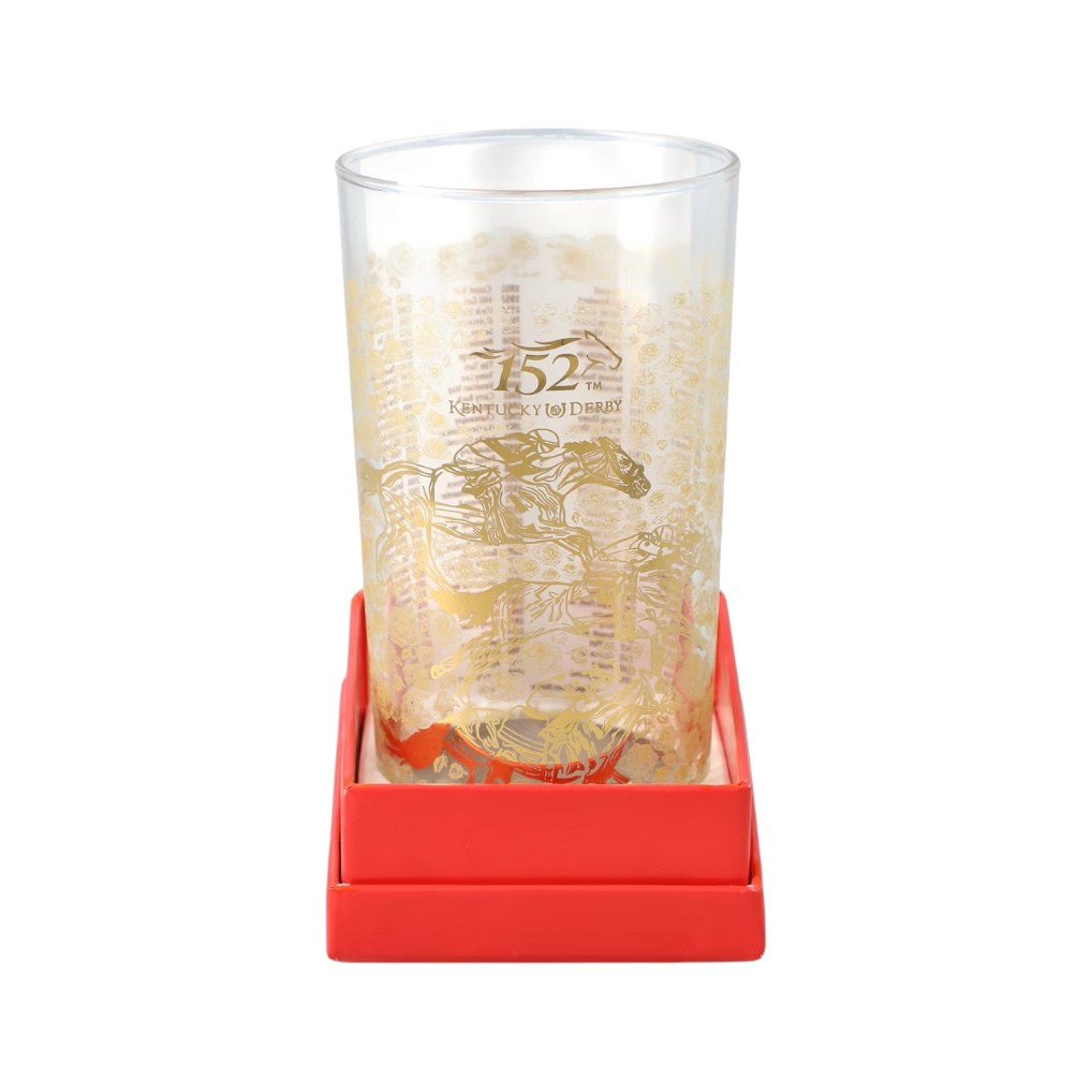 Close-up of the intricate 24K gold design and official 152nd Kentucky Derby logo on the glass.
