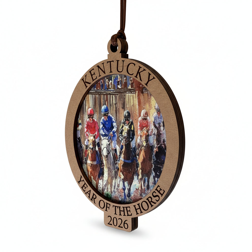 Decorative ornament with horse racing scene and 'Kentucky Year of the Horse 2026' text on a white background