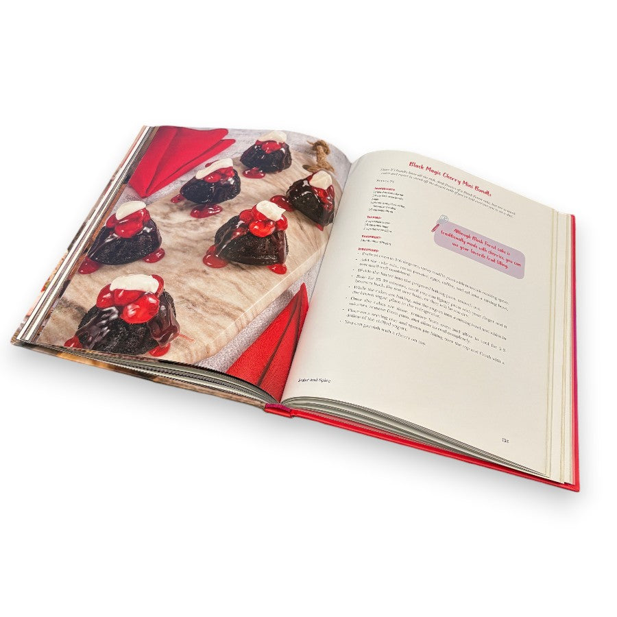 Open cookbook showing a page with dessert images and text on a white background