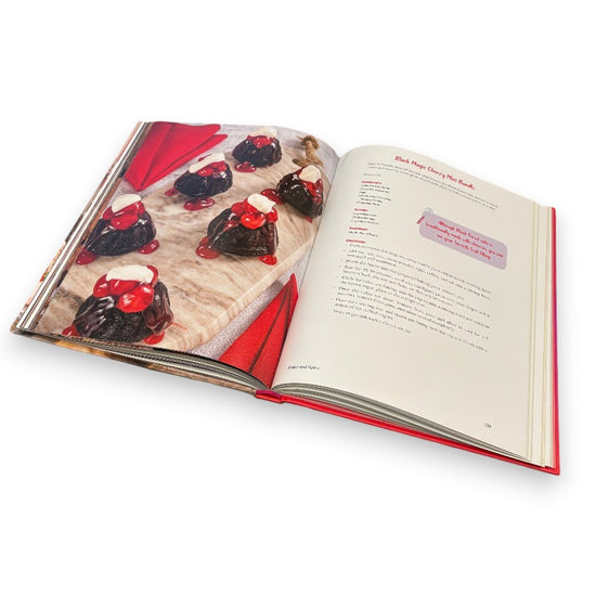 Open cookbook showing a page with dessert images and text on a white background