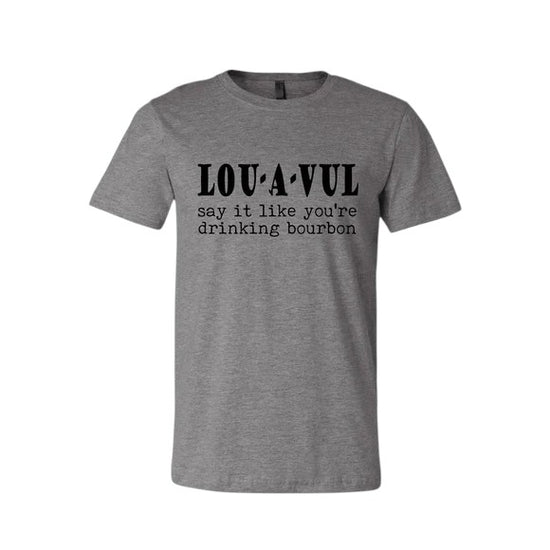 Gray t-shirt with black text on a white background