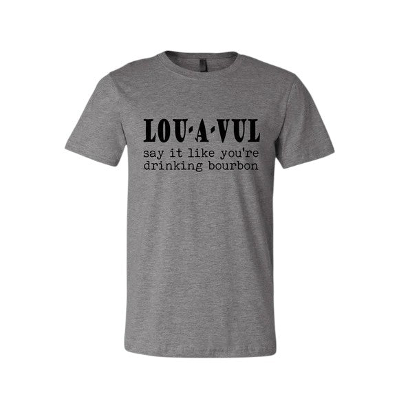 Gray t-shirt with black text on a white background