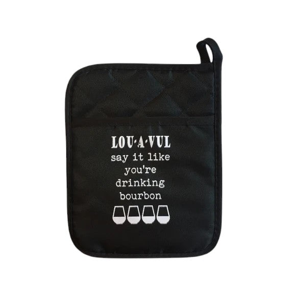 Black pot holder with white text and design on a white background