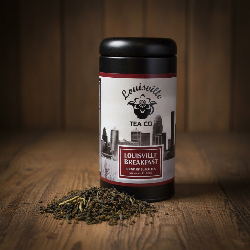 The Louisville Tea Co. "Louisville Breakfast" black tea blend in its signature illustrated tin.