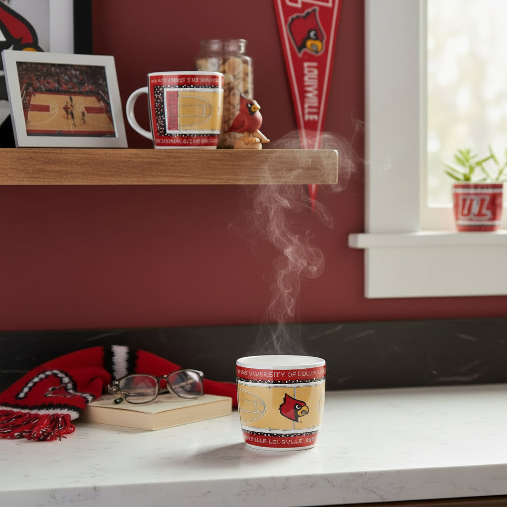 Steaming mug on a surface with a shelf in the background featuring a Louisville Cardinals flag and other items.