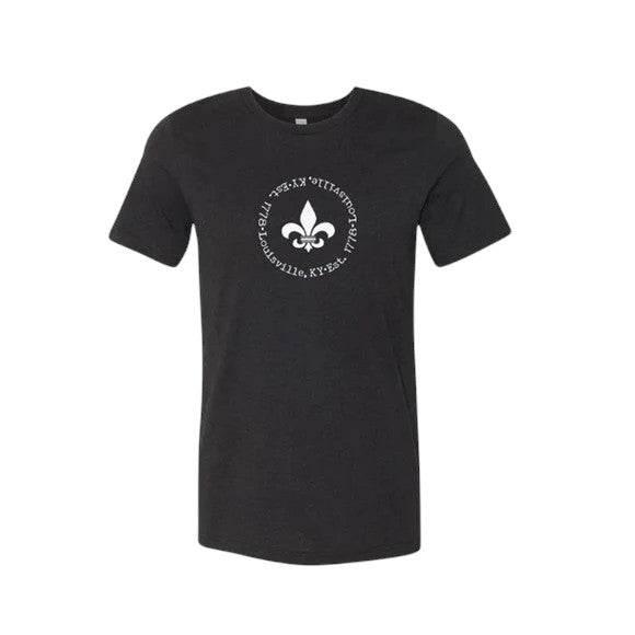 Black t-shirt with a white logo on a white background