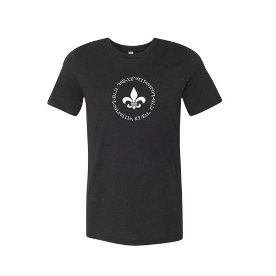 Black t-shirt with a white logo on a white background