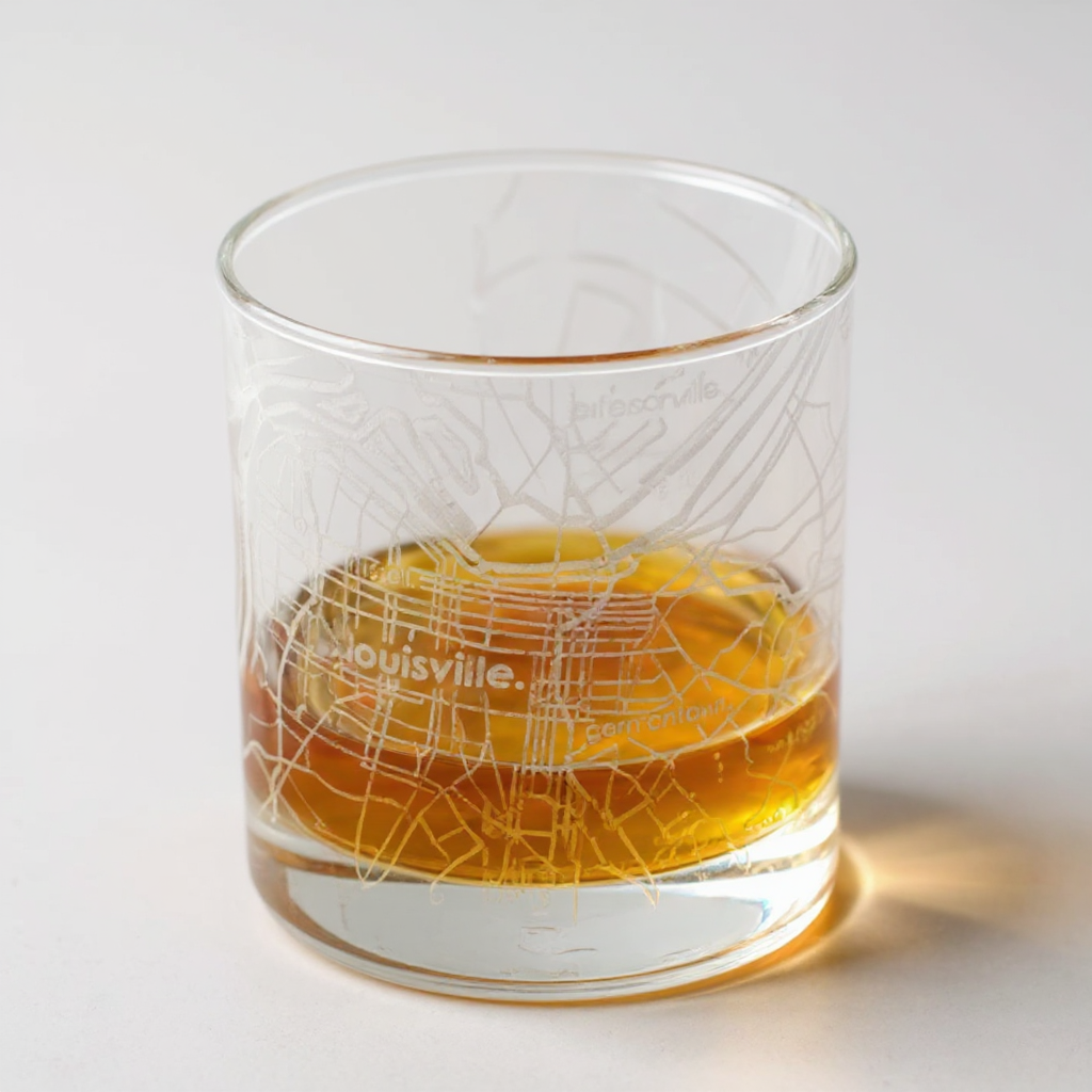 A close-up detail of the intricate street map etched onto the whiskey glass.