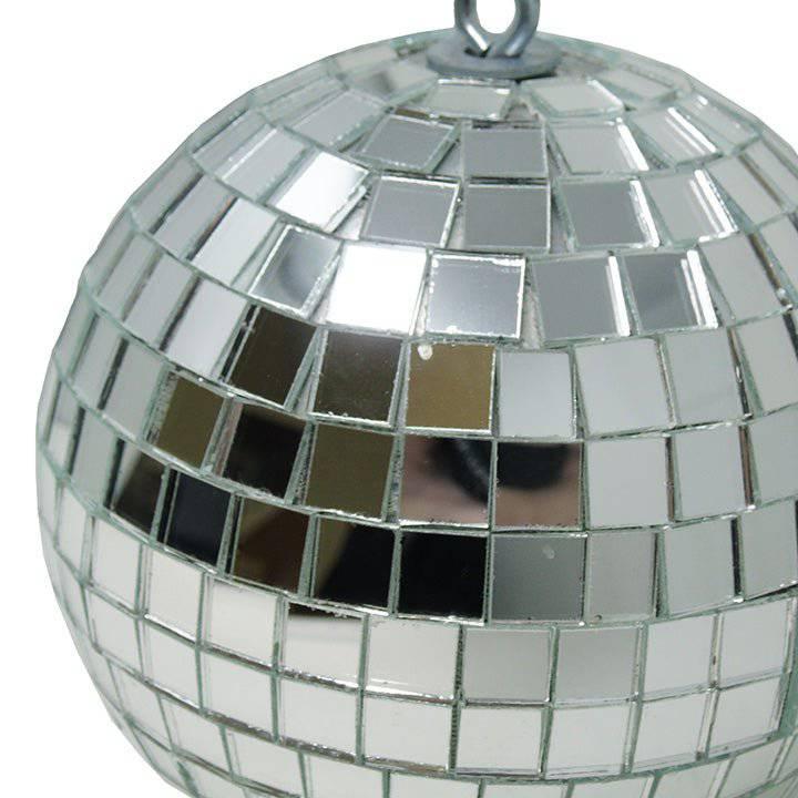 A close-up shot of the precisely placed mirrored squares on the authentic, American-made disco ball.