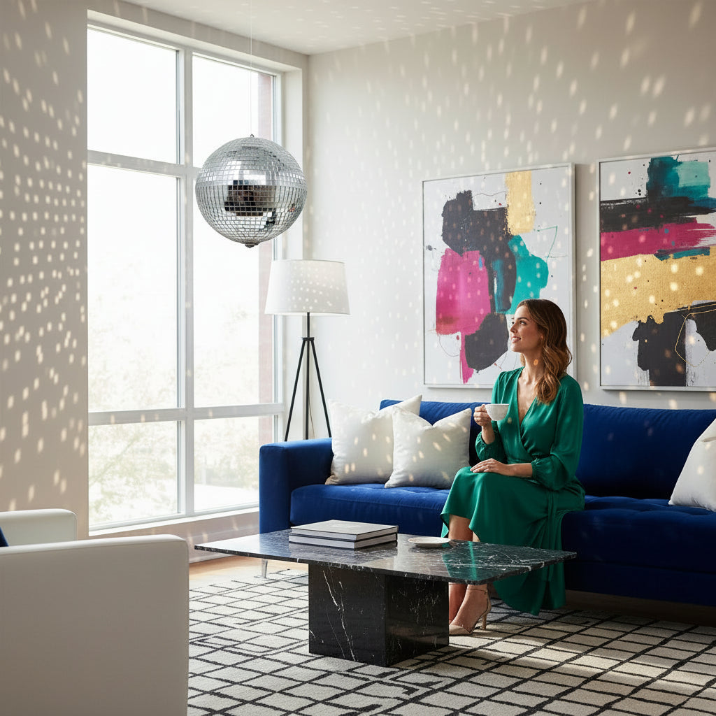 Woman in a green dress sitting on a blue sofa in a stylish living room with abstract art and a disco ball.