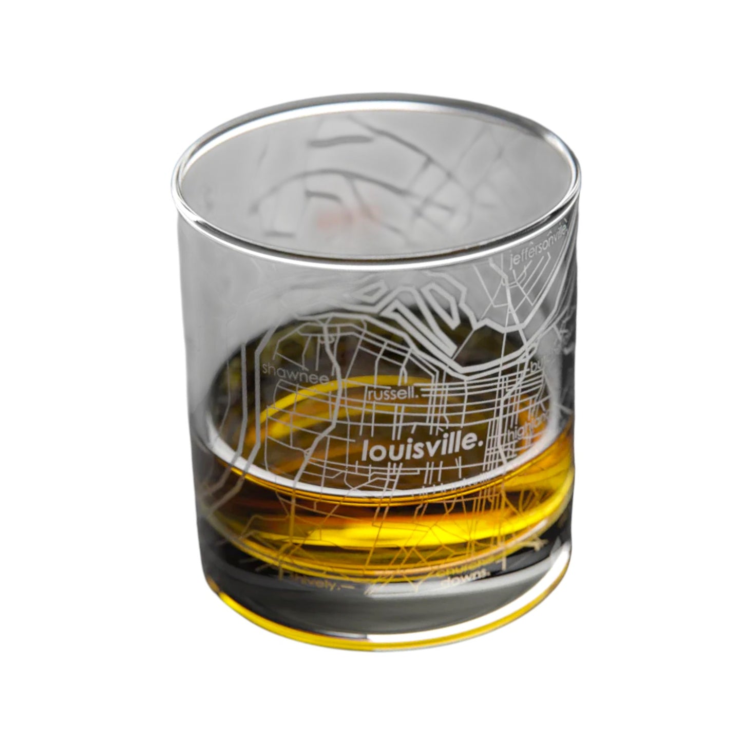 Front view of the 11 oz. rocks glass showing the etched Louisville city map.
