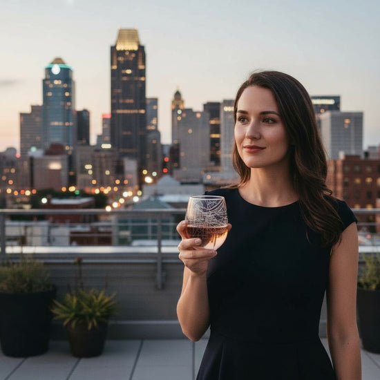 The Louisville map stemless wine glass held in hand to show its size and shape.
