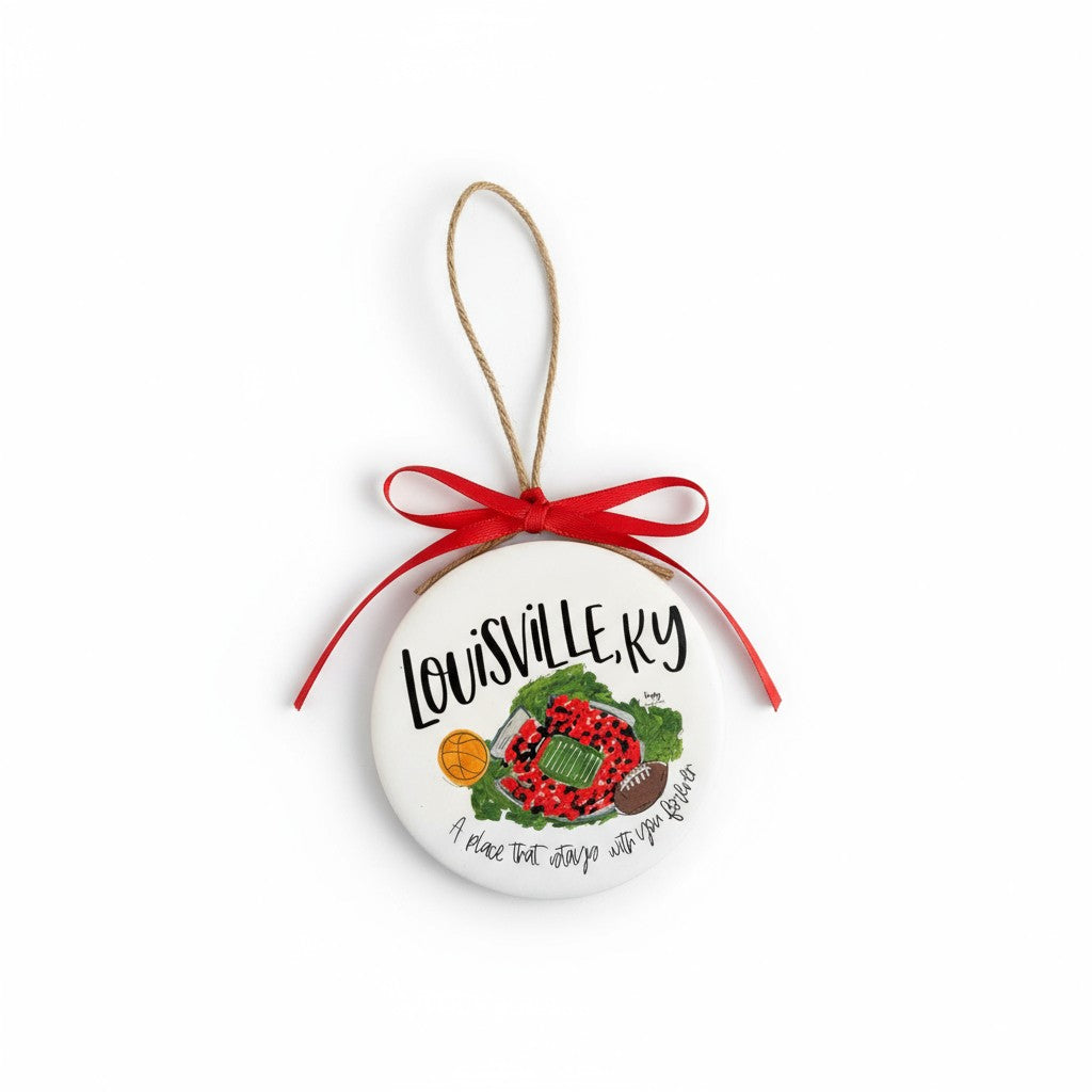 Close-up of the Louisville ornament showing the stadium, football, and basketball 'Stadium Sports' design.