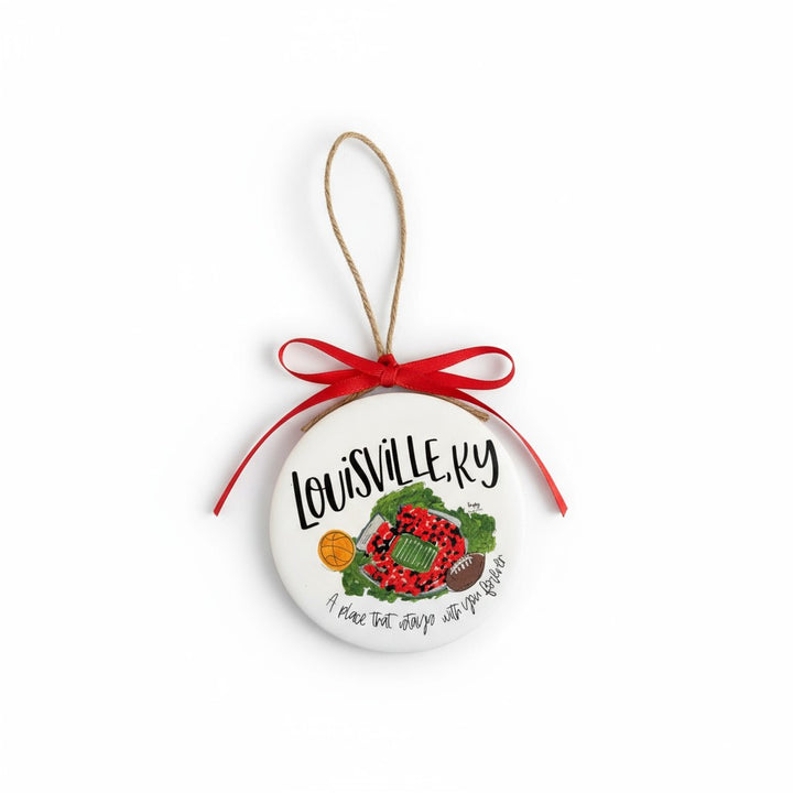 Close-up of the Louisville ornament showing the stadium, football, and basketball 'Stadium Sports' design.