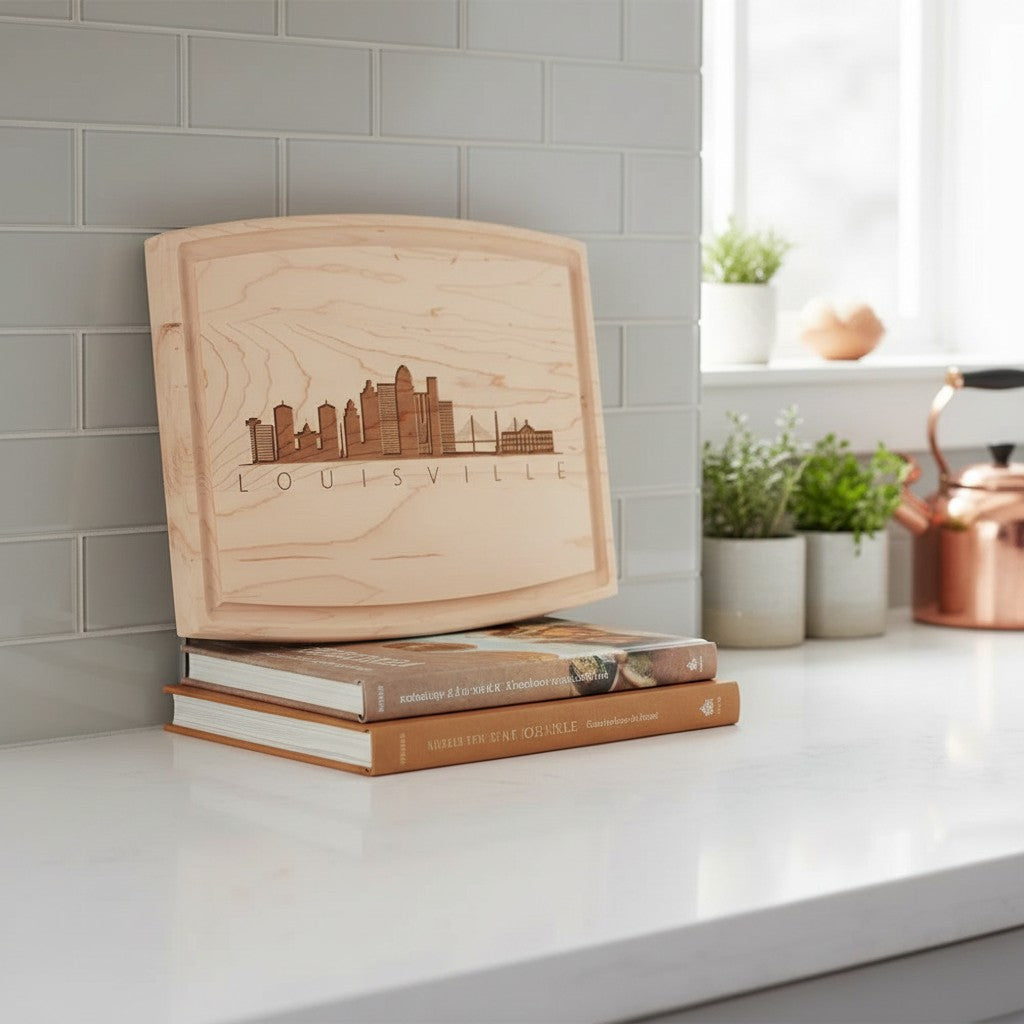 The artisan maple board displayed as wall decor, celebrating Louisville heritage and making a perfect housewarming gift.
