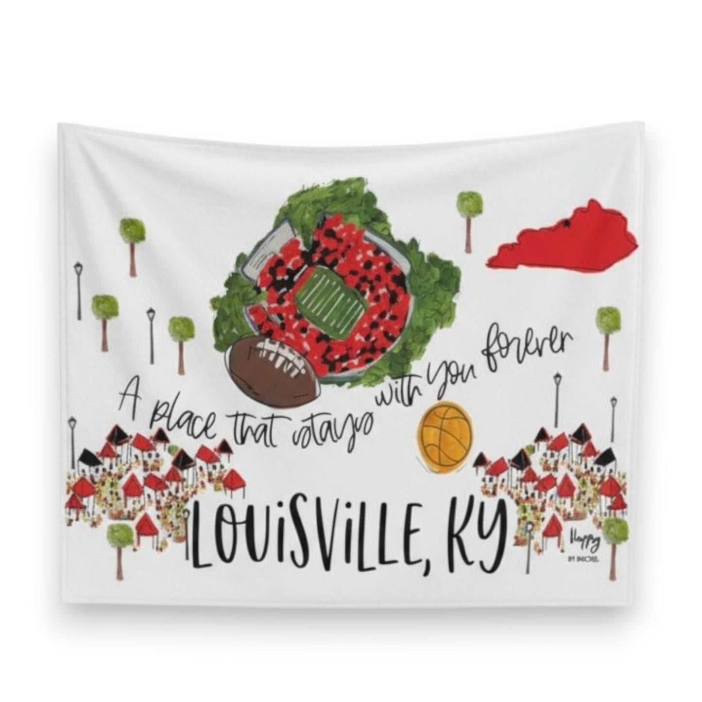  Flat lay of the white 50x80 fleece blanket featuring a watercolor design of a stadium, Kentucky state outline, and Louisville landmarks.