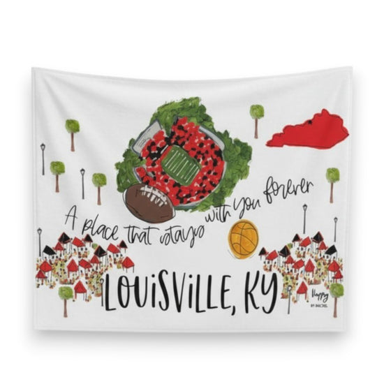  Flat lay of the white 50x80 fleece blanket featuring a watercolor design of a stadium, Kentucky state outline, and Louisville landmarks.
