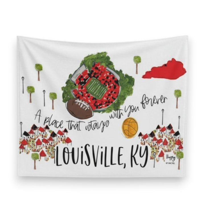  Flat lay of the white 50x80 fleece blanket featuring a watercolor design of a stadium, Kentucky state outline, and Louisville landmarks.