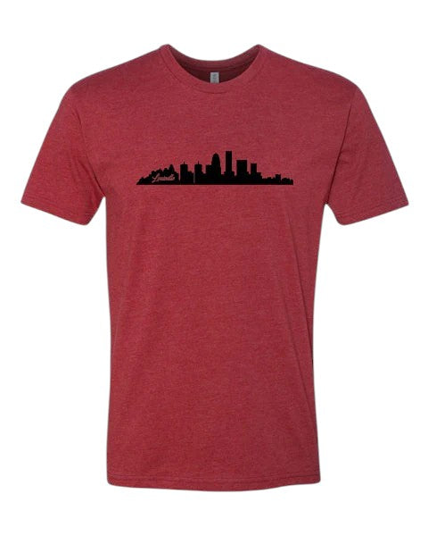 cardinal Red t-shirt with black city skyline design on a white background