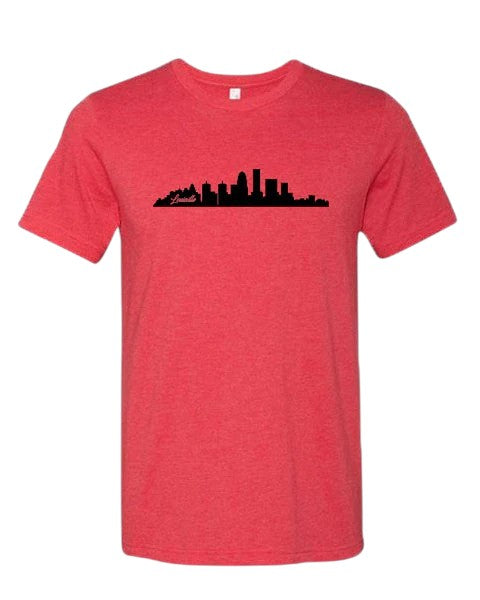 Red t-shirt with black city skyline design on a white background
