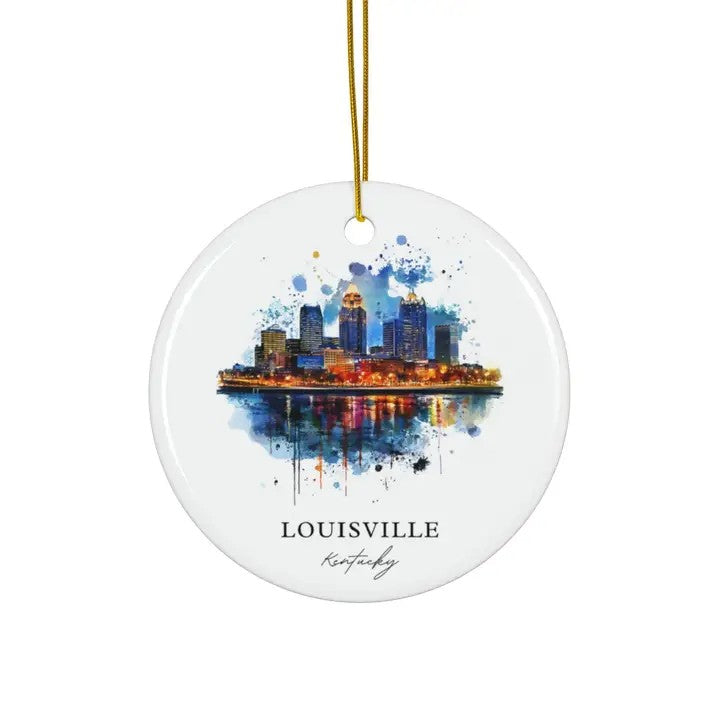 Front view of the matte ceramic ornament featuring a watercolor Louisville skyline and river reflection.