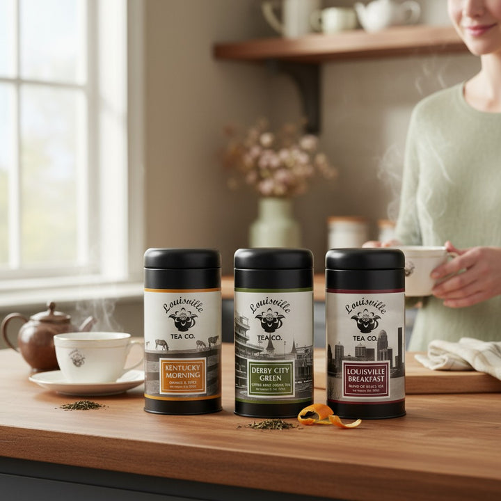 Three tea canisters from Louisville Tea Co. on a wooden table with a person holding a cup in the background.