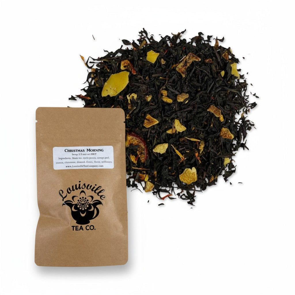 The "Christmas Morning" seasonal tea blend in its festive 50g resealable pouch.