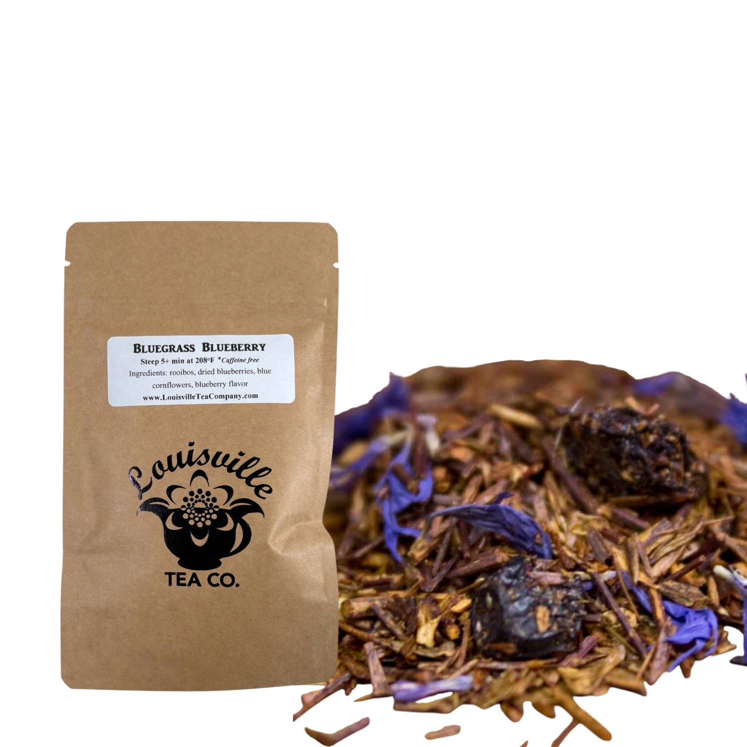 The Louisville Tea Co. "Bluegrass Blueberry" flavored loose leaf tea in its 50g resealable pouch.