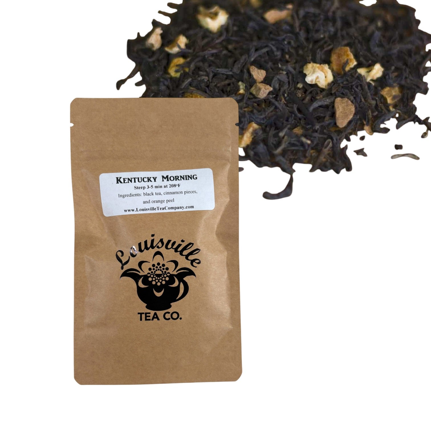 The Louisville Tea Co.  Kentucky Morning flavored loose leaf tea in its 50g resealable pouch.