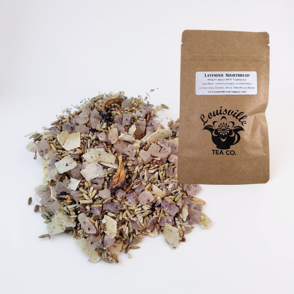 The Louisville Tea Co. "Lavender Shortbread" flavored loose leaf tea in its 50g resealable pouch.