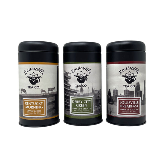 A group photo of all three Louisville Tea Co. tins: Louisville Breakfast, Kentucky Morning, and Derby City Green.