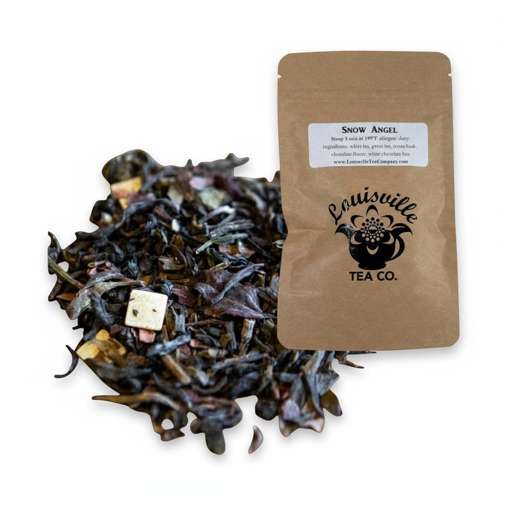 The "Snow Angel" seasonal tea blend in its festive 50g resealable pouch.